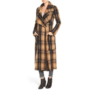 Free People Anaheim Plaid Blanket Coat Yellow Black Wool Blend
